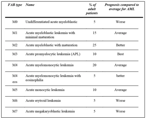 Table 1: French-American-British (FAB) classification of AML subtypes. 