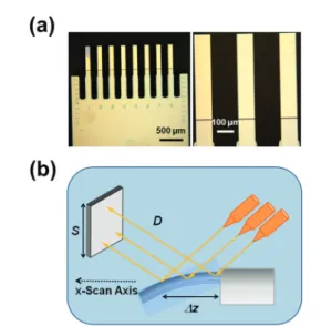 Fig. 1 (a) Low- and high-magnification optical images of a silicon chip of 8 microcantilevers