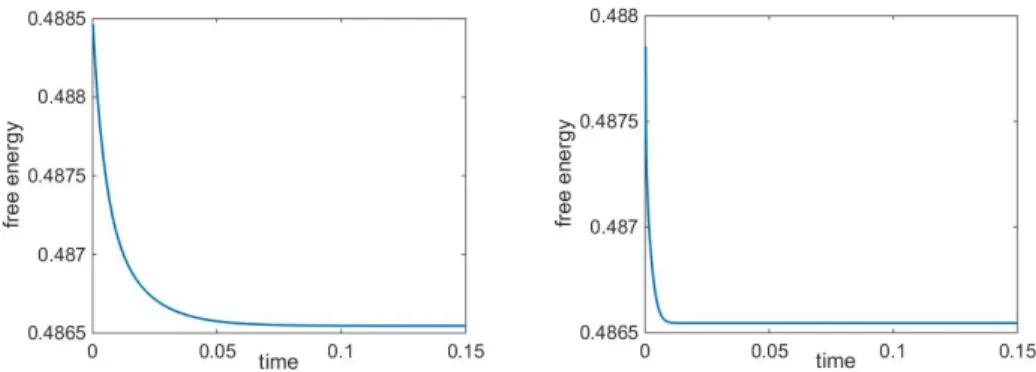 Figure 5. Evolution of the free energy along time, for Λ xx = 1, Λ yy = 1 (on the left) and Λ xx = 1, Λ yy = 100 (on the right).