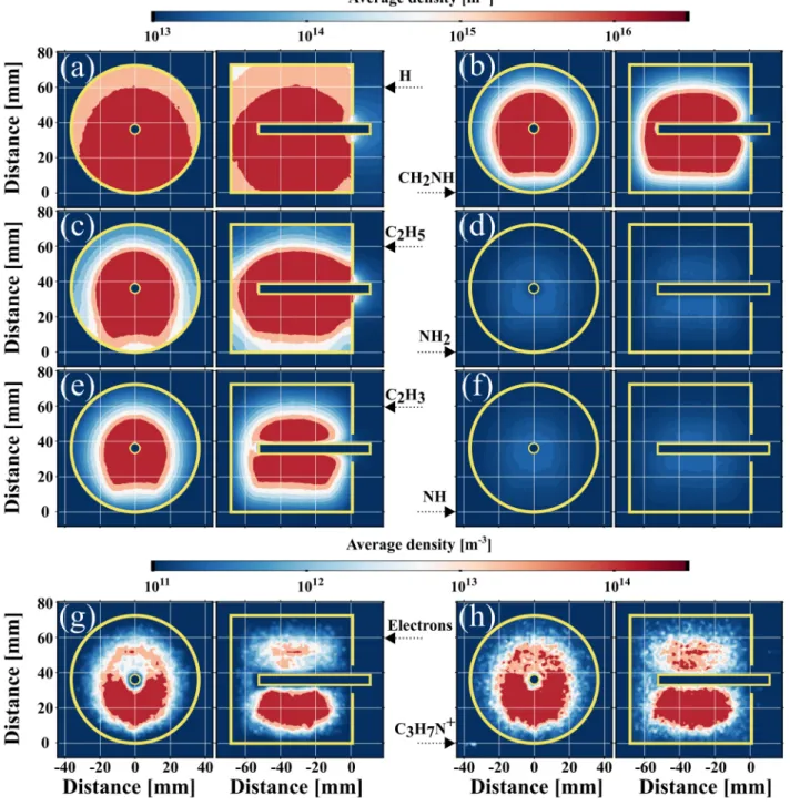 FIG. 8. Face view (left) and side view (right) of the spatial density distribution of (a) H, (b) CH 2 NH, (c) C 2 H 5 , (d) NH 2 , (e) C 2 H 3 , and (f ) NH radicals, of (g) electrons and (h) C 3 H 7 N + ions