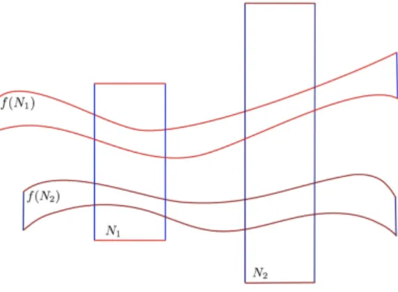 Figure 8. An example of topological horseshoe where both N 1 , N 2 cover themselves and each others