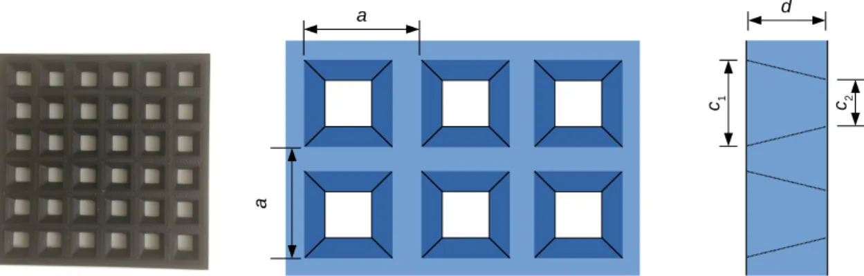 Figure 7. Top view and side view of an open structure with truncated square pyramidal holes.