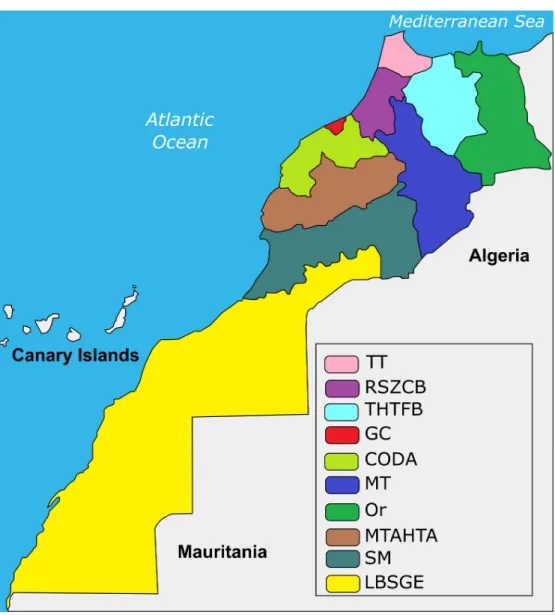 Fig 1. Regions of Morocco according to ONSSA. CODA: Chaouia Ouardigha Doukkala Abda; GC: Grand Casablanca; LBSGE: Laayoune Boujdour Sakia El Hamra Guelmim Essmara; MT: Meknes Tafilalet; MTATA: