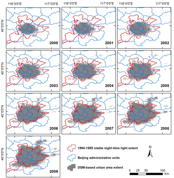 Figure 6. Gridded datasets, with a posting of 30 arc seconds (GCS WGS 1984), representing the DSM- DSM-based urban area extent of Beijing in each year of the 2000s (gray; obtained using a  
