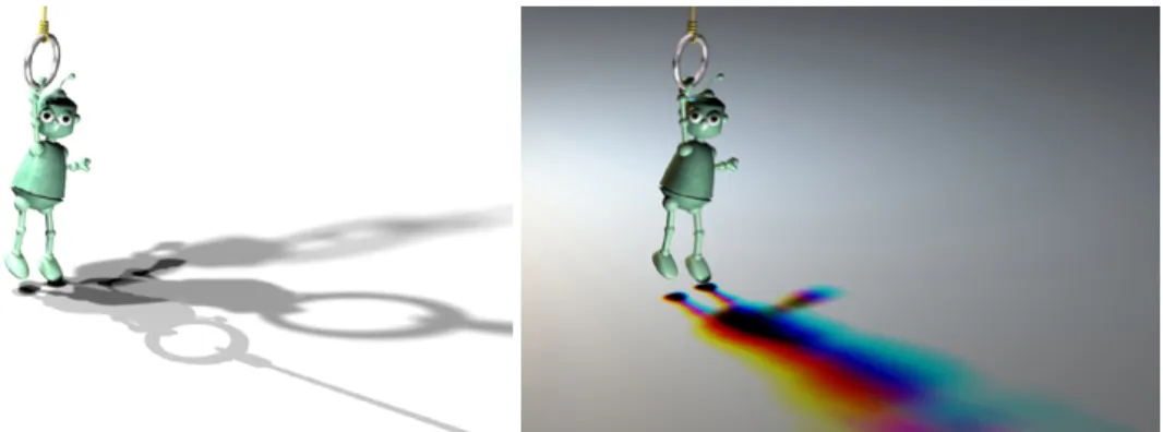 Figure 5: Complex shadow due to multiple light sources. Note the complex interplay of colored lights and shadows in the complementary colors.