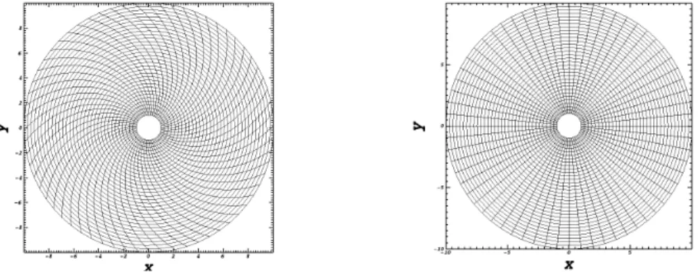 Figure 7: Diocotron test case. Example of mesh for 32 × 64 grid: shear α = 0.1 (left) and polar (right).