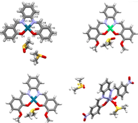 Figure 5. Asymmetric unit of 1Pd, top left, 2Ni, top right, 2Pd bottom left, and 3Zn, bottom right,  obtained as DMSO solvates and adducts (shown in capped stick representation)