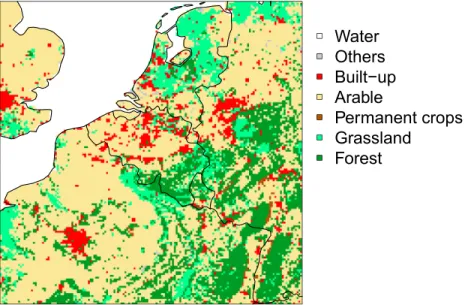 Figure 1. The dominant land cover types in the BASELINE, upscaled to a horizontal resolution of 4 × 4 km 2 .