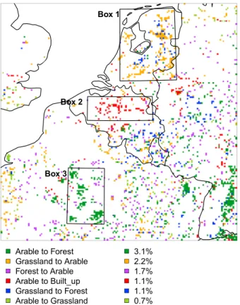 Figure 2. Land cover changes between the BAMBU scenario year 2020 and the BASELINE at 4-km horizontal resolution