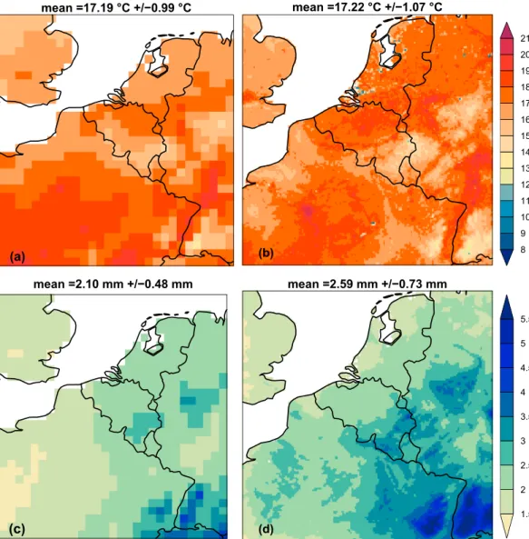 Figure 4. The spatial distribution of the 30-year (1976–2005) summer average daily mean 2-m temperature ( ◦ C) at 4-km horizontal resolution over western Europe by (a) E-OBS, (b) ALARO-SURFEX and daily precipitation totals (mm/day) by (c) E-OBS and (d) ALA