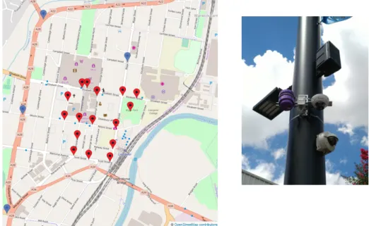 Figure 1. A map of the town center. (left) Locations of the 20 visual sensors. It is expected that the live data produced from those location will help urban planners to update the city’s mobility plan.