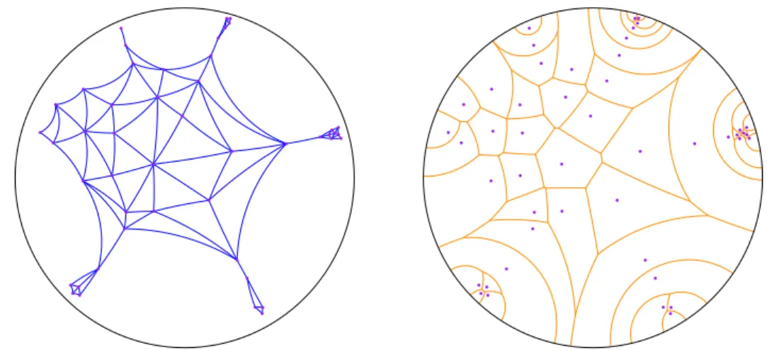 Figure 5: A 2D hyperbolic Delaunay complex and its dual Voronoi diagram.