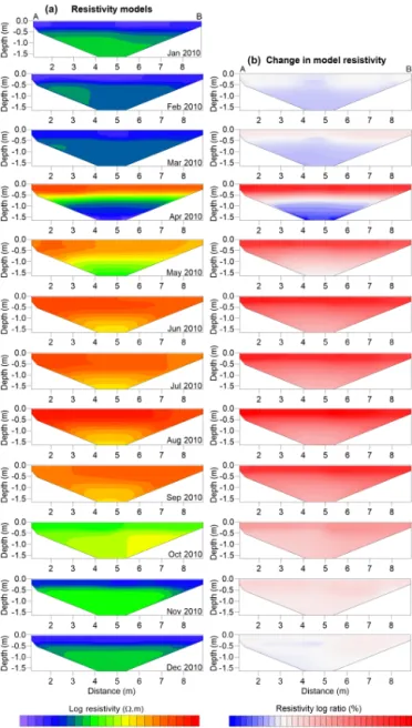 Figure 7. (a) Inverted resistivity tomograms of 12 monthly spaced A-ERT datasets between January and December 2010, based on data measured on the 28th of each month, and (b) relative resistivity changes based on the first ERT dataset referred to January.