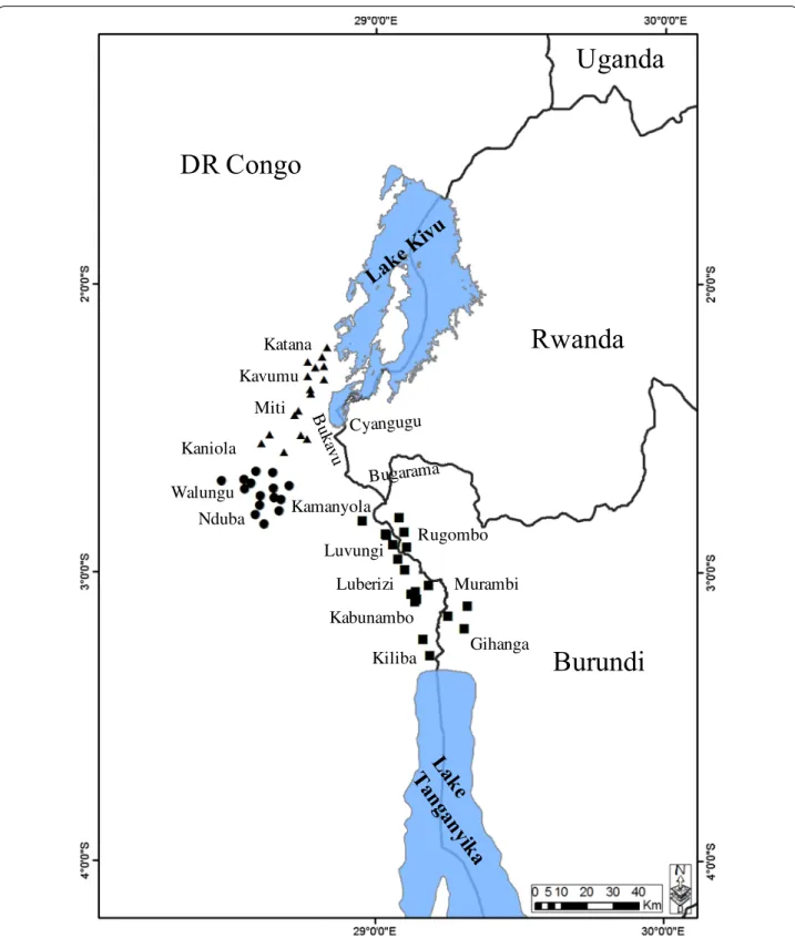 Fig. 1  Map of the Great Lakes region showing sampling sites and their altitudes in the four agro‑ecological zones of DRC and Burundi