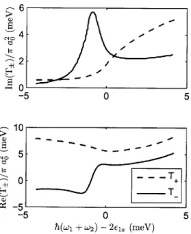 Figure  4-1:  Imaginary  (top)  and  real  (bottom)  parts  of  the  two-exciton  interaction matrix,  T+,  that  determines  the  Coulomb-mediated  interactions  of two  excitons