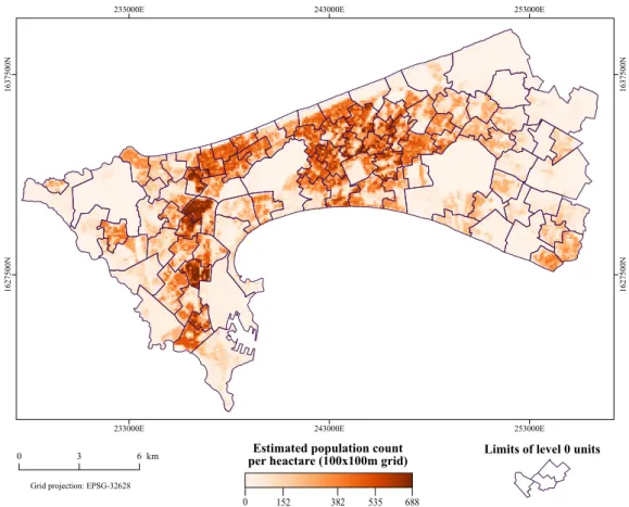 Figure 9. Test J—Prediction of population count at grid level (100 × 100 m), superimposed with the limits of units of level 0.