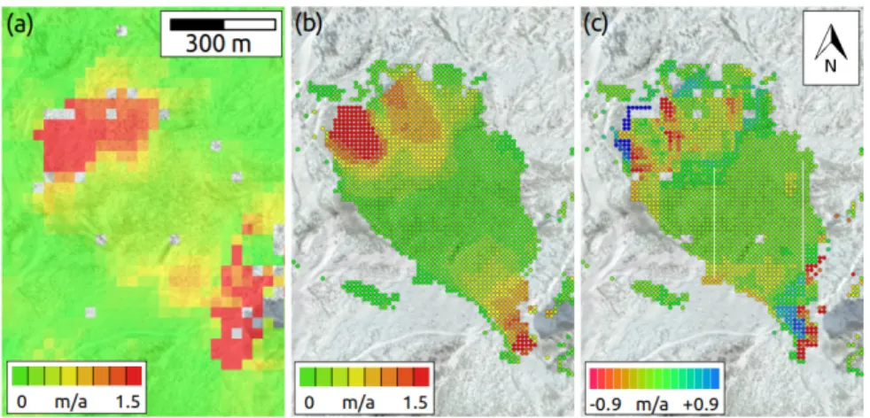 Figure 16. Distelhorn rock glacier (Mattertal, Switzerland). (a) Horizontal velocity map from  TerraSAR-X offset tracking between 11.09.2014 and 06.09.2016; (b) Horizontal velocity map from  matching of aerial optical images with a spatial resolution of 0.