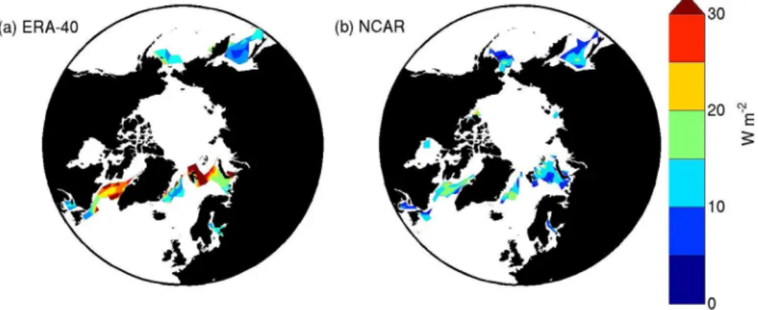 Figure 5. Estimated increase in January and February longwave cloud radiative forcing associated with the complete removal of sea ice in the (a) ECMWF ERA-40 and (b) NCEP/NCAR models