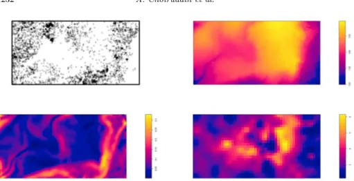 Fig 2 . Maps of locations of BPL trees (top left), elevation (top right), slope (bottom left), and concentration of Phosphorus (bottom right).