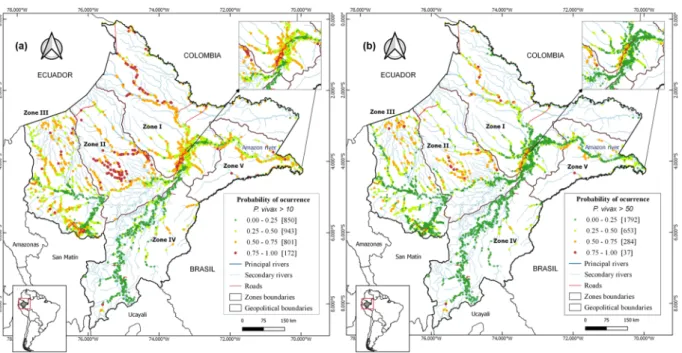 Figure 4. Predicted  P. vivax risk maps for the year 2017 using 2016´s BRT models, showing: (a) villages at high  P