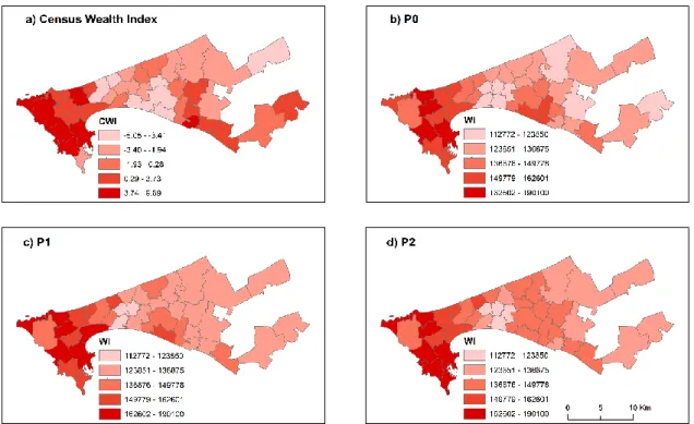 Figure 10. Census data and model predictions at a scale of 40 admin units. (a) Census Wealth Index  (CWI), (b) predicted DHS WI (PO), (c) predicted DHS WI (P1), (d) predicted DHS WI (P2)