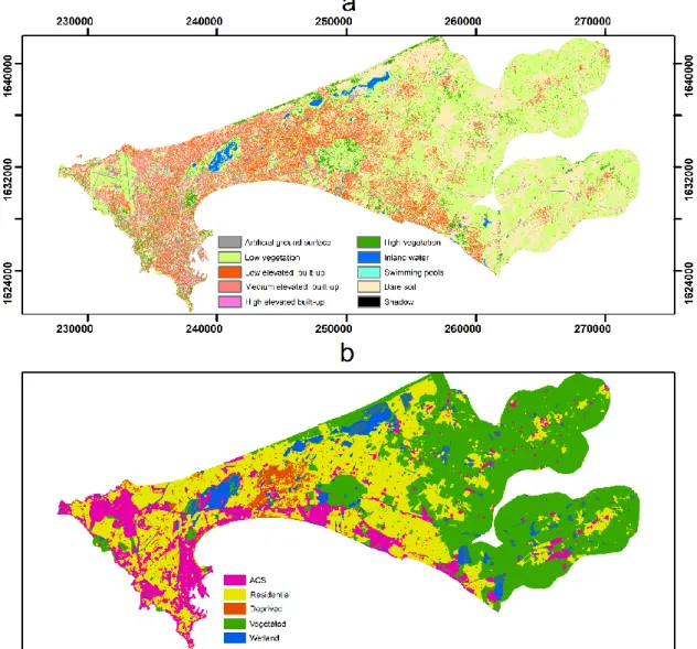 Figure 4. (a) Very high-resolution land cover (LC) of Dakar derived from a 2015 Pleiades imagery and  (b) land use at the street block level for the same date