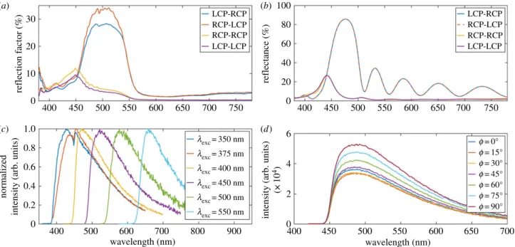 Figure 2. Linear optical and OPEF responses of H. coerulea’s elytra. (a) In addition to the strong cross-circularly polarized (LCP-RCP and RCP-LCP) reflection at normal incidence, non-negligible co-circularly polarized (LCP-LCP and RCP-RCP) reflection is o