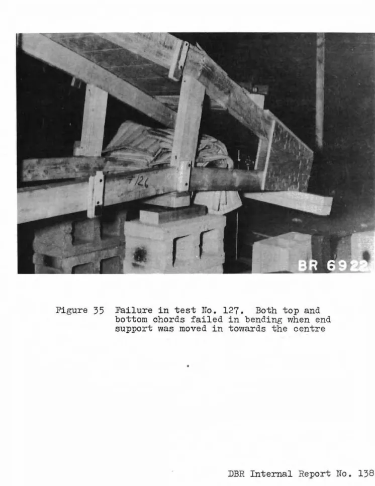 Figure 35 Failure in test No. 127. Both top and bottom chords failed in bending when end support was moved in towards the centre
