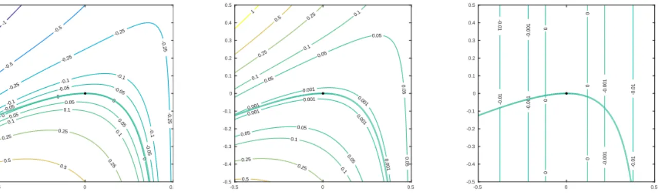 Figure 4.3: Contour lines for (4.39) (left), µ(x, t ǫ ) (center) and Λ(x, y ǫ ) (right)with the con- con-straint shown as a thick curve