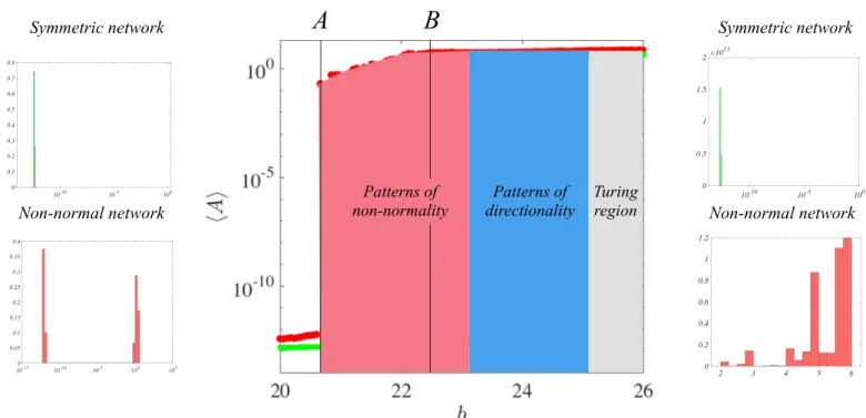 Fig. 5. On the amplitude  of  the  ensuing  patterns. Main panel  (centre):  the average  pattern amplitude   A   is plotted as  a function  of  the  parameter  b  ,  for c  =  61  