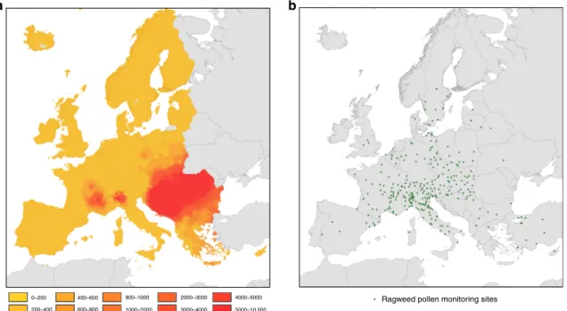 Fig. 1 Interpolated seasonal pollen integrals for Ambrosia across Europe. a Interpolated seasonal pollen integrals for Ambrosia (number of grains per cubic metre of air) across Europe before the establishment of Ophraella communa (data from 2004 – 2012)