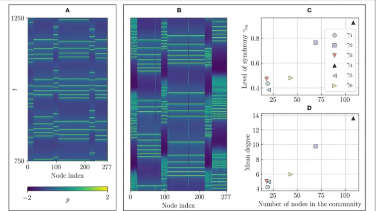 FIGURE 4 | Space-time plots of the designed network. (A) Time series of the p-variables for a state in which every community is internally synchronized