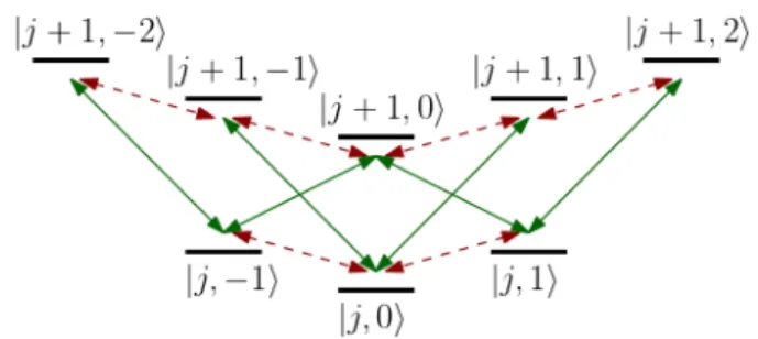 Fig. 2. Graph of the transitions associated with the frequency λ j ±k (solid arrows) and the frequency η ±k (dashed arrows) between eigenstates |j, ki =