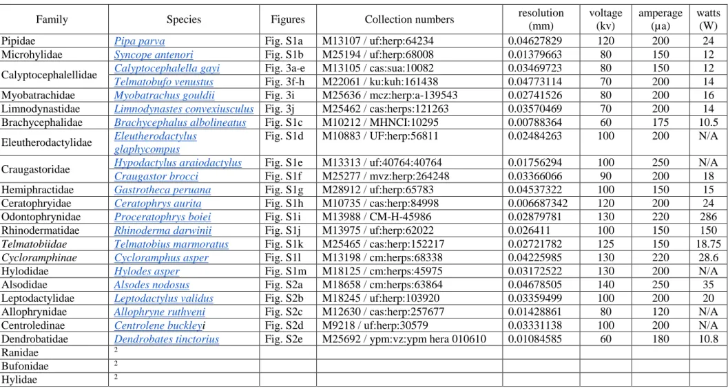 Table S1. List of South American and Australian frog species and families used for comparison with the Antarctic fossil