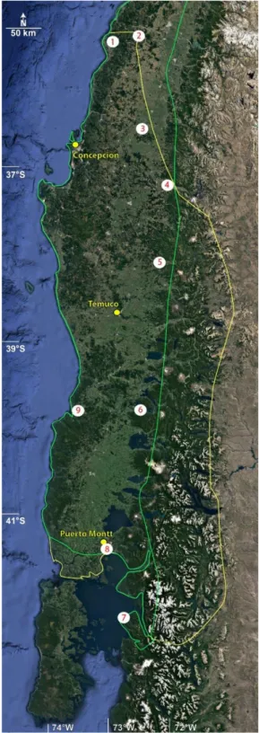 Figure S4. Map showing the area of the sympatric occurrences of Calyptocephalella gayi (green line) 3  and  Dromiciops gliroides (yellow line) 4  with the locations of the climatic stations (white circles)