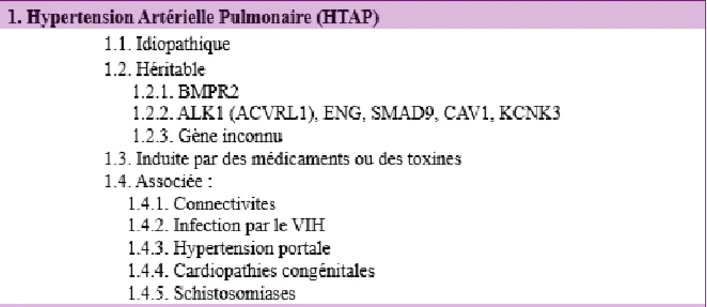 FIGURE 3 : Classification clinique des hypertensions pulmonaires (HP) de Nice (2013). 