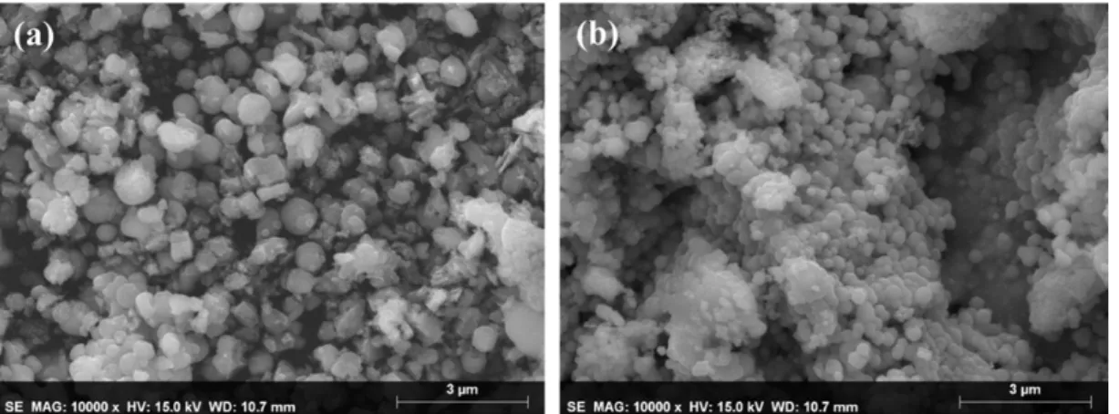 Figure 3. Scanning electron microscopy (SEM) images of as-synthesized pure ZnCo 2 O 4   (a) and  ZnCo 2 O 4 /SnO 2 -20% (b) samples