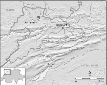Fig. 2. Situation régionale du site archéologique d’Alle - Les Aiges en Ajoie. 