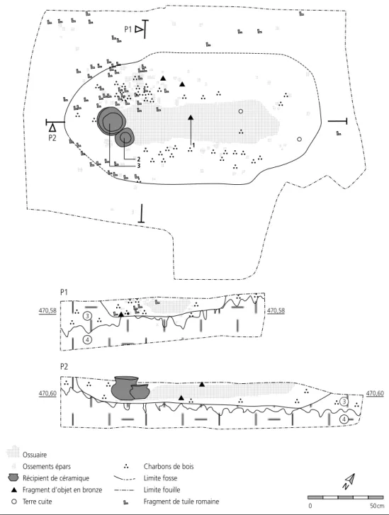 Fig. 13. Tombe 265. Plan et coupes  transversale et longitudinale de la fosse  avec situation des dépôts funéraires