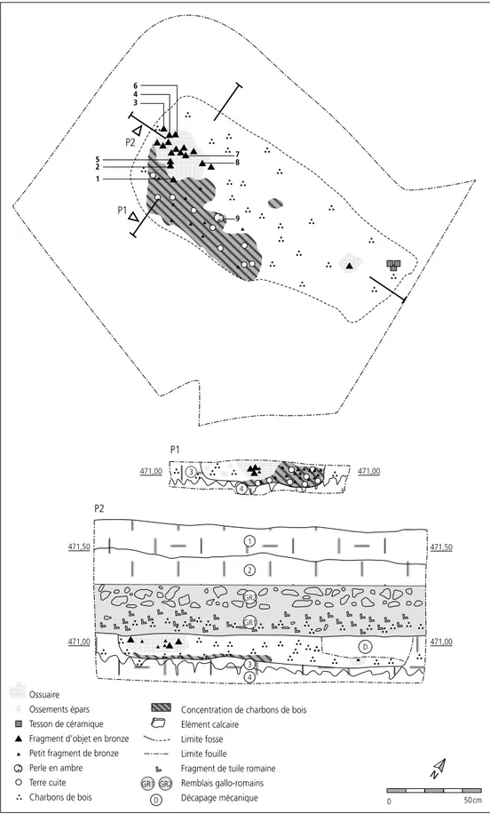 Fig. 17. Tombe 249. Plan et coupes  transversale et longitudinale de la fosse  avec situation des dépôts funéraires  (cat