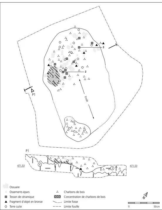 Fig. 24. Tombe 198. Plan et coupe trans- trans-versale de la fosse avec situation des  dépôts funéraires (cat