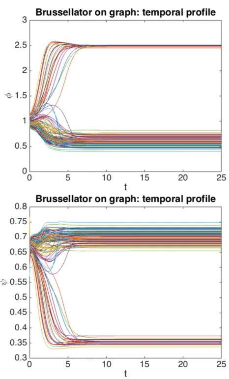 Figure 3.5: Patterns for the Brussellator model with D ϕ = 0 . 07, D ψ = 0 . 5, b = 8 and c = 12 on a Erdős-Rényi network of 100 nodes and p = 0 