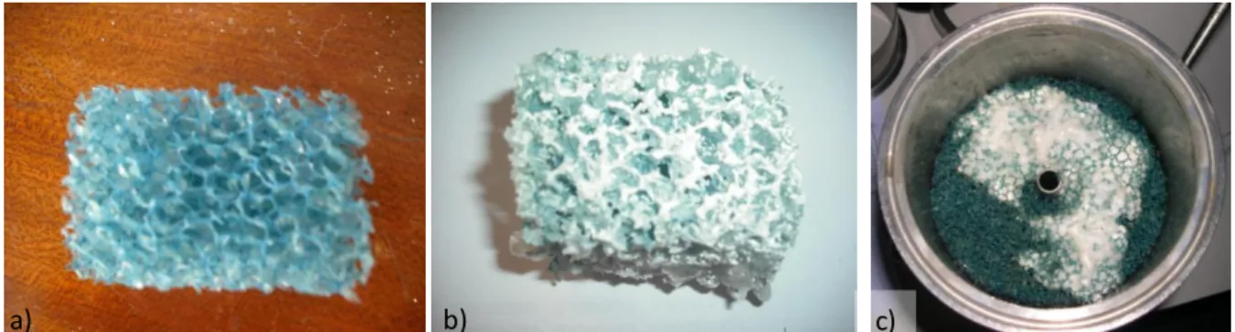 Figure  III.11 :  Echantillon  4:  a)  matrice  poreuse  avant  imprégnation,    b)  échantillon  après  imprégnation  par  SrBr 2 ,6H 2 O, c) échantillon en fin d’hydratation (après la perte d’une partie du sel, passée en solution)