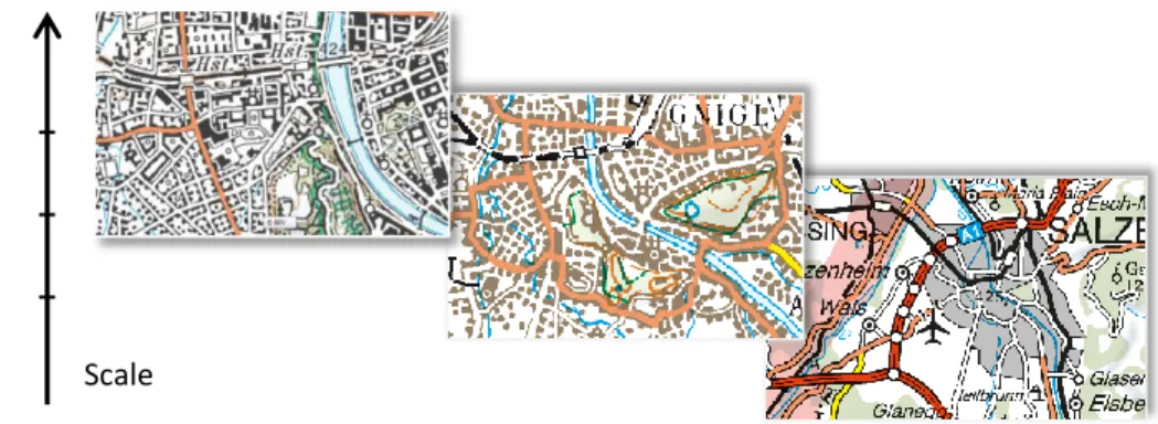 Figure 4. Different representations of settlement areas in a multi-scale pyramid: buildings, urban blocks and urban areas  with city point symbols (source: BEV-Austria) 