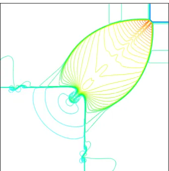 Figure 2: 2D Riemann problem – Isolines of the density in the domain.