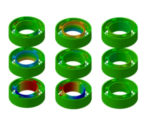 FIG. 3. FEM-predicted displacement components along the x−, y−, and z− axes (top, middle and bottom lines, respectively), when forces of 1 N are applied along the x, y, and z directions (left, middle and right columns, respectively)