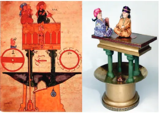 Figure 1.5: The blood-letting automaton with the 2 scribes. From al-Jazari book (left) and http://www.sciencemuseum.org.uk/ (right)