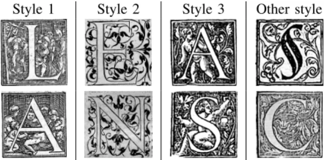 Figure 3. Examples of lettrines for each style present in the database used in [1], [2]