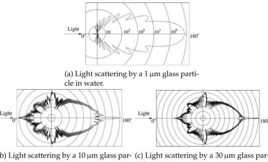 Figure 2.2 – Polar distribution of the scattered light intensity of different particles sizes [92]