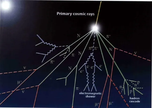 Figure  1-2:  Illustration  of  a  Cosmic  Ray  shower.  (Adaptation  of CERN  graphic) as  possible,  using  the  measurement  of  Cerenkov  radiation  in  a  volume  filled  with substances  of  various  indices  of  refraction